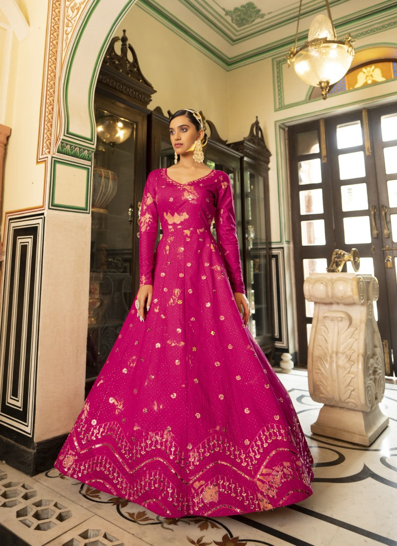 Magenta Cotton Anarkali Gown With Sequins and Embroidery Work