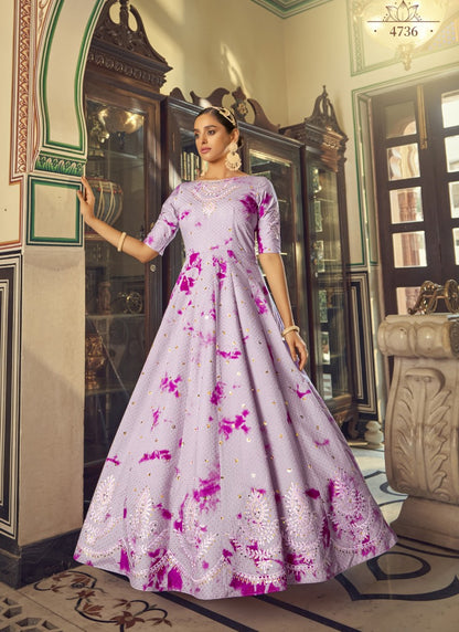 Purple Cotton Anarkali Gown With Sequins and Embroidery Work