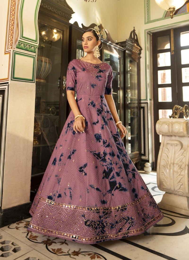 Wine Cotton Anarkali Gown With Sequins and Embroidery Work