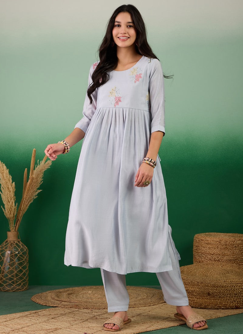 Blue Pure Muslin Kurta Set With Embroidered Work