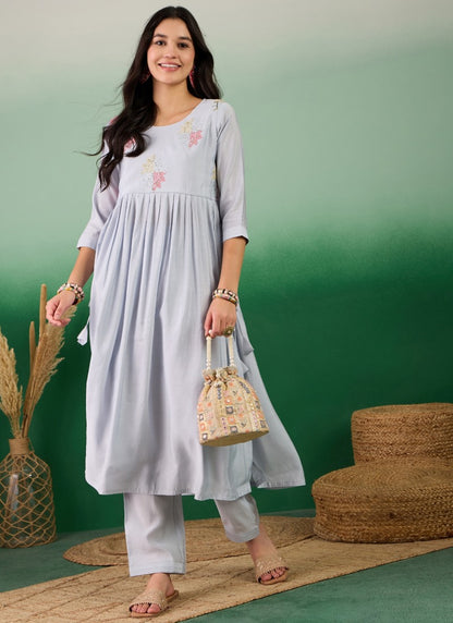 Blue Pure Muslin Kurta Set With Embroidered Work