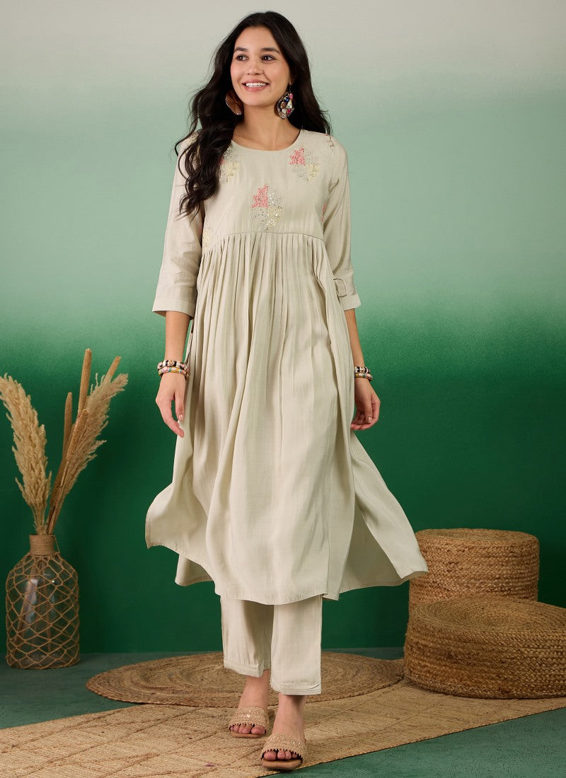 Beige Pure Muslin Kurta Set With Embroidered Work