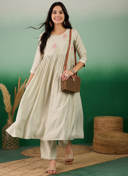 Beige Pure Muslin Kurta Set With Embroidered Work