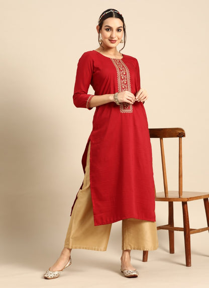 Red Chinon Kurti With Embroidery Work