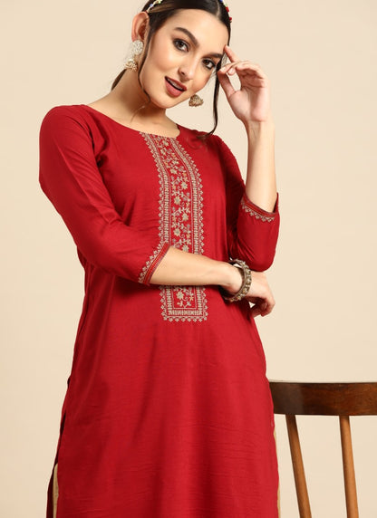 Red Chinon Kurti With Embroidery Work