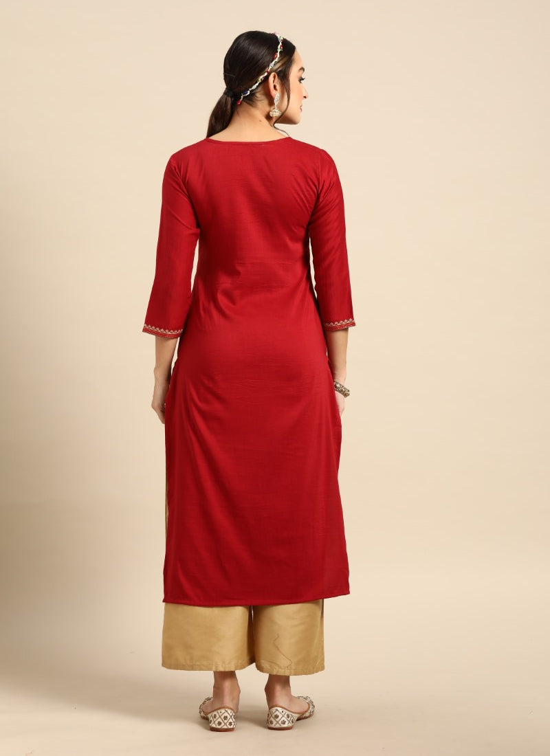 Red Chinon Kurti With Embroidery Work