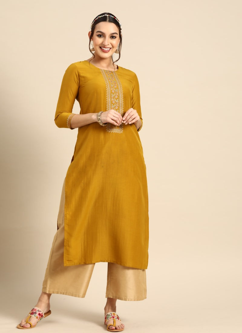 Yellow Chinon Kurti With Embroidery Work