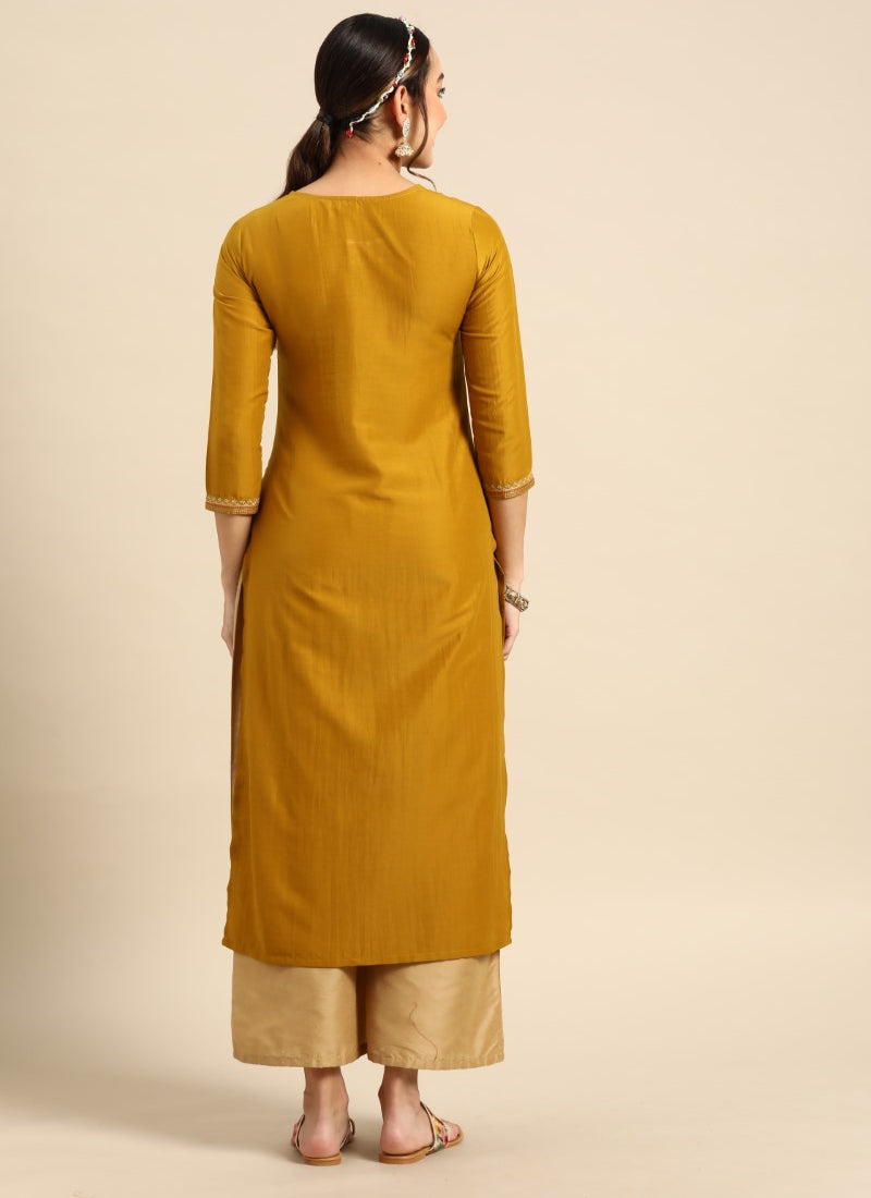 Yellow Chinon Kurti With Embroidery Work