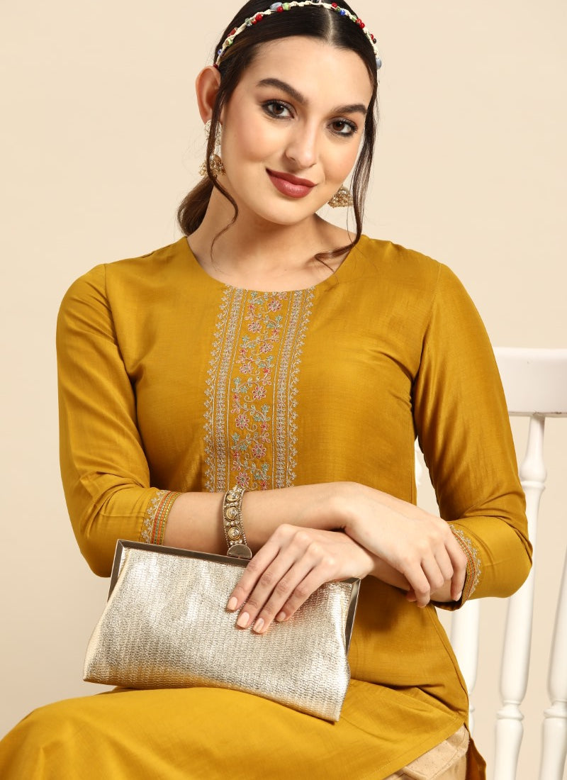 Yellow Chinon Kurti With Embroidery Work