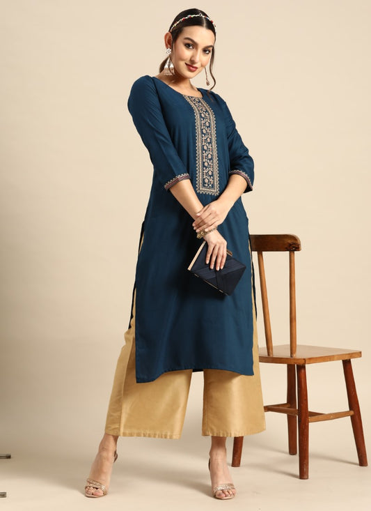 Blue Chinon Kurti With Embroidery Work