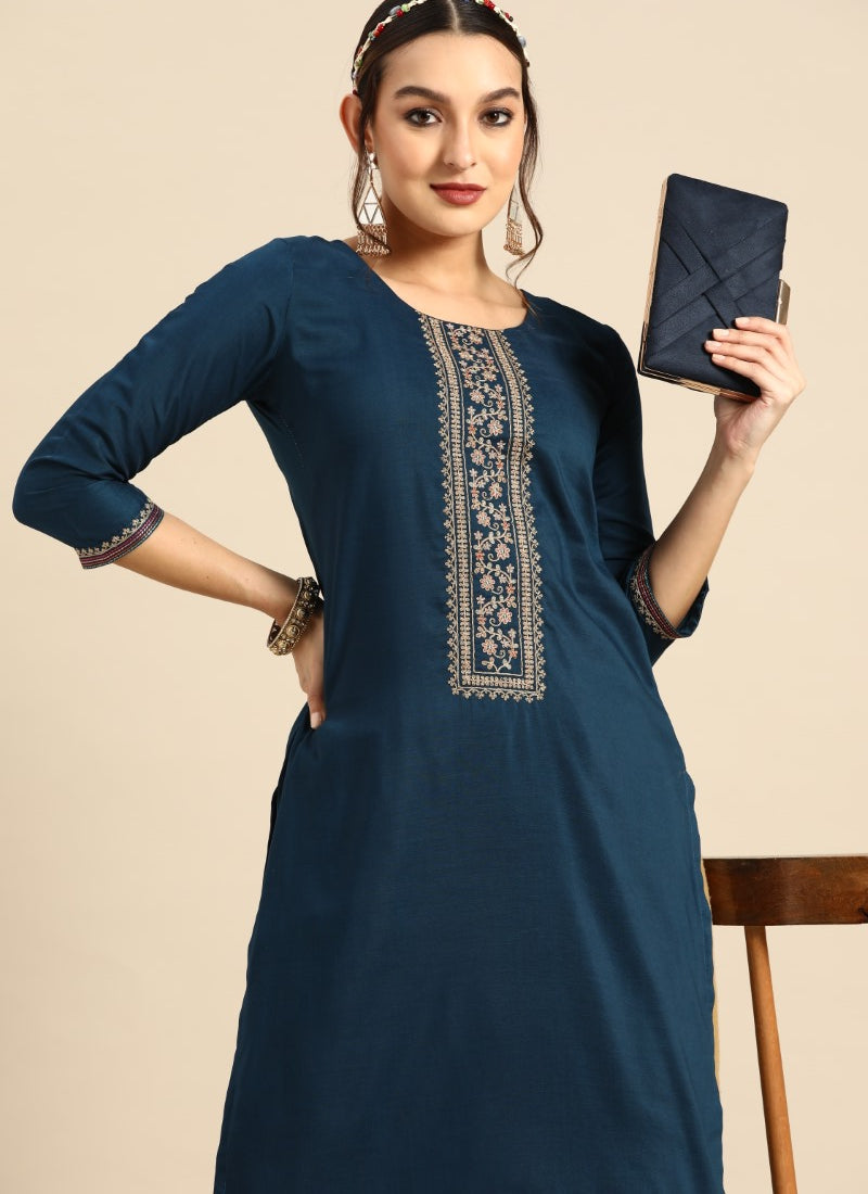 Blue Chinon Kurti With Embroidery Work