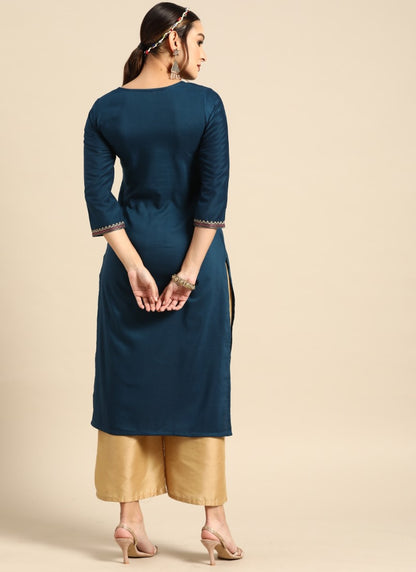 Blue Chinon Kurti With Embroidery Work