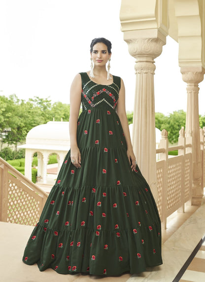 Green Georgette Anarkali Gown With Sequins and Embroidery Work