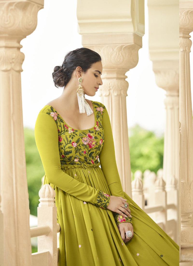 Olive Green Georgette Anarkali Gown With Sequins and Embroidery Work-2