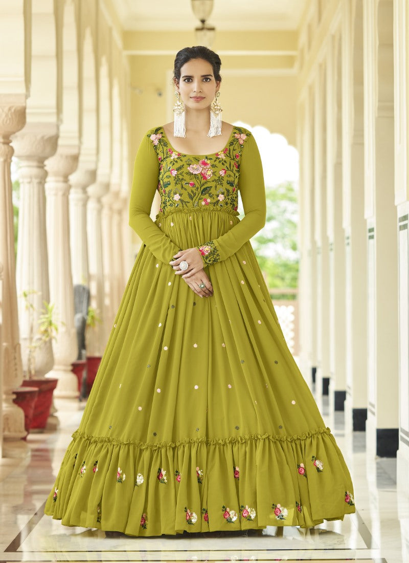 Olive Green Georgette Anarkali Gown With Sequins and Embroidery Work