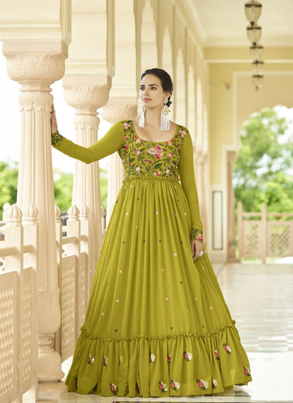 Olive Green Georgette Anarkali Gown With Sequins and Embroidery Work-2