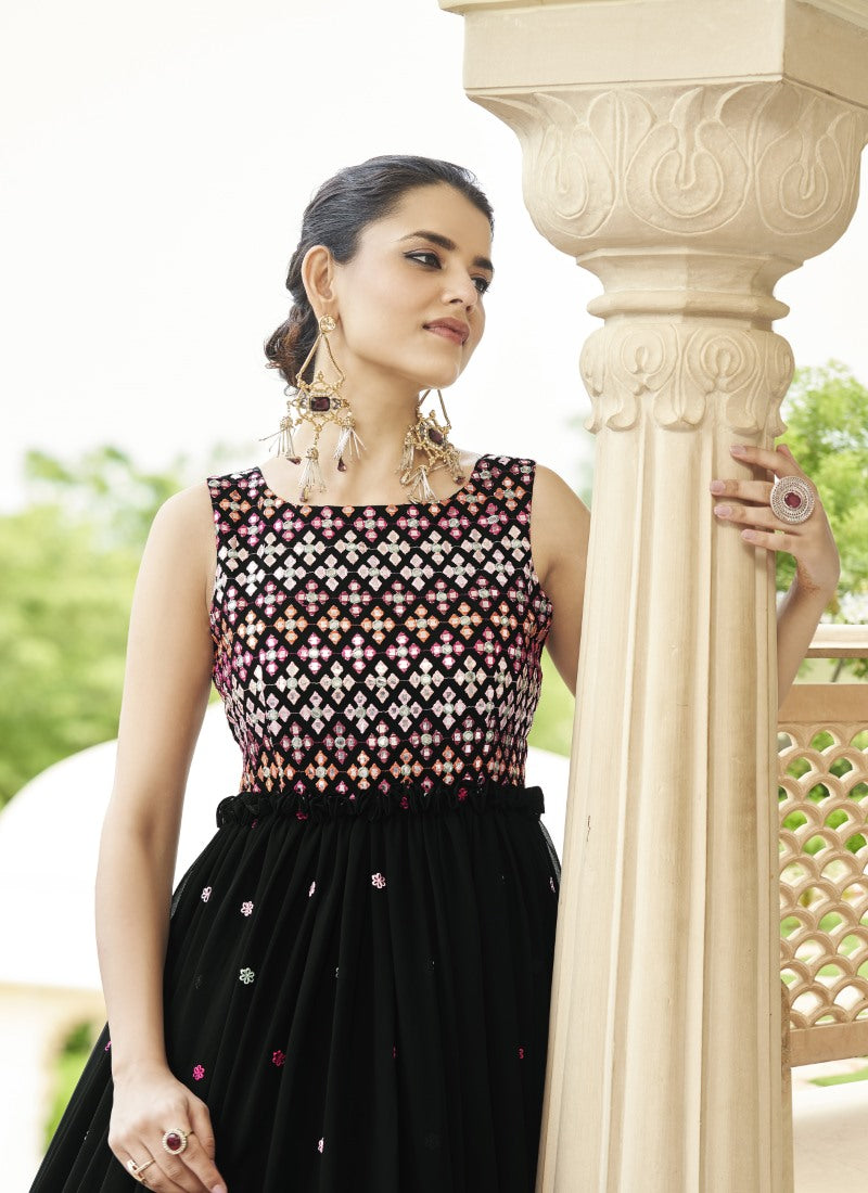 Black Georgette Anarkali Gown With Sequins and Embroidery Work-2