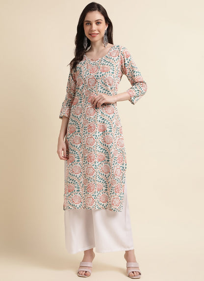 Cream Cotton Printed Kurti