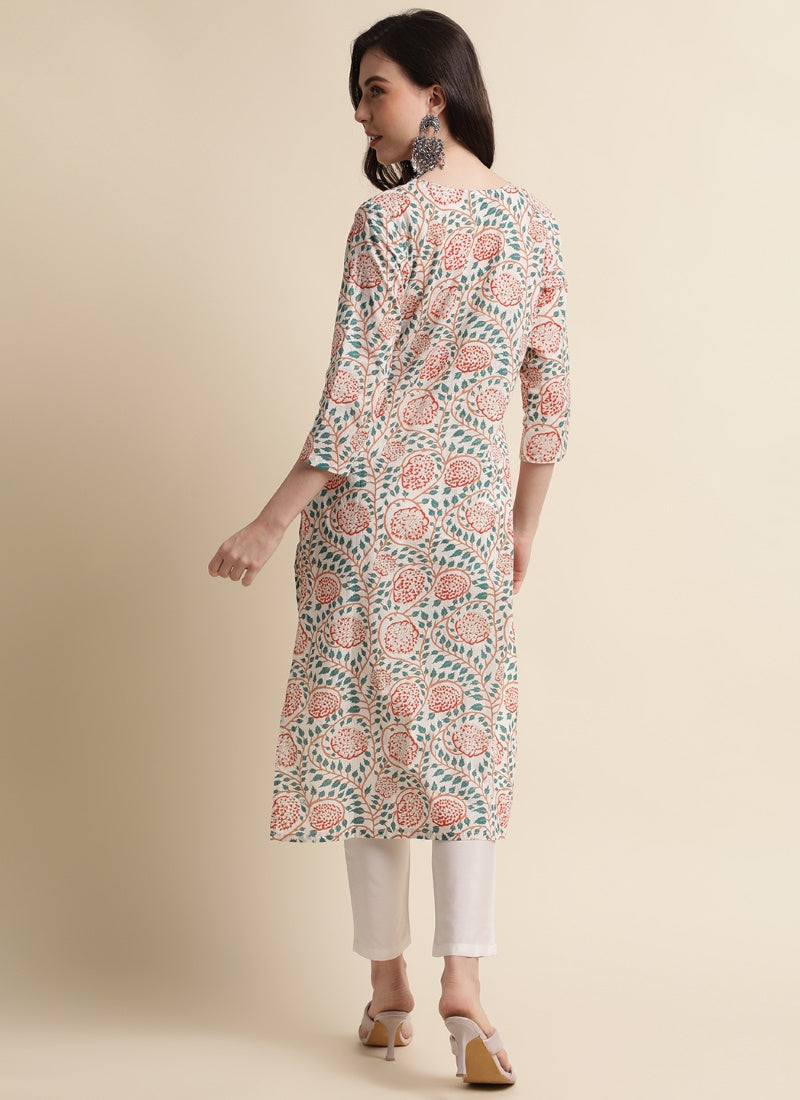 Cream Cotton Printed Kurti-2