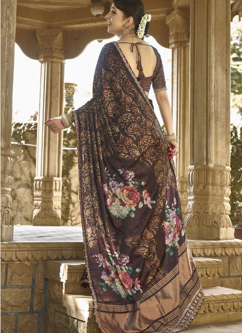 Brown Silk Heavy Work Saree