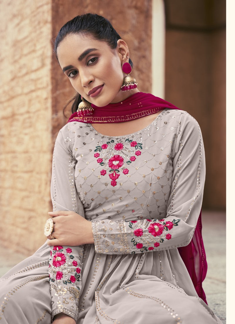 Gray Party Wear Palazzo Salwar Suit With Embroidery Work-2