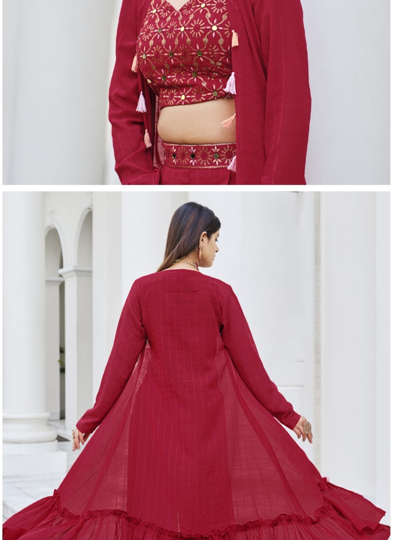 Red Georgette Palazzo Suit With Jacket-2