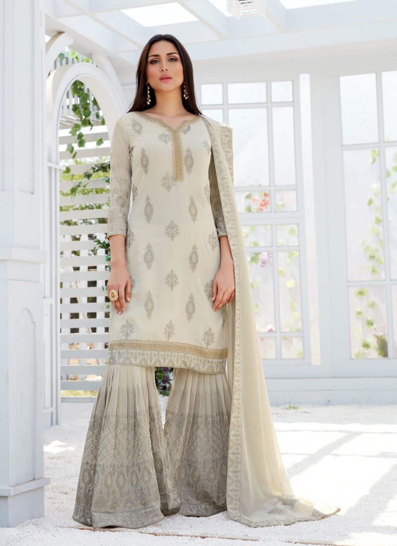 White Sharara Suit With Embroidery Work