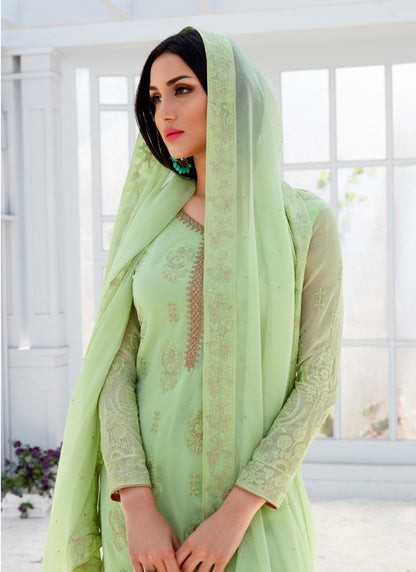 Pista Green Sharara Suit With Embroidery Work