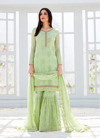 Pista Green Sharara Suit With Embroidery Work