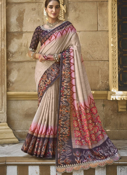 Beige Silk Heavy Work Saree