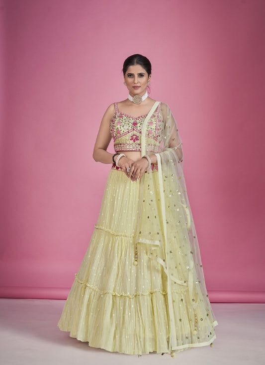 Light Yellow Georgette Ghagra Choli With Thread, Sequins and Mirror Work