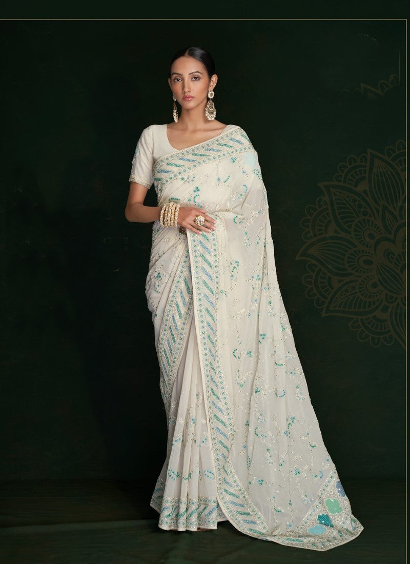 Off White Georgette Lucknowi Work Saree