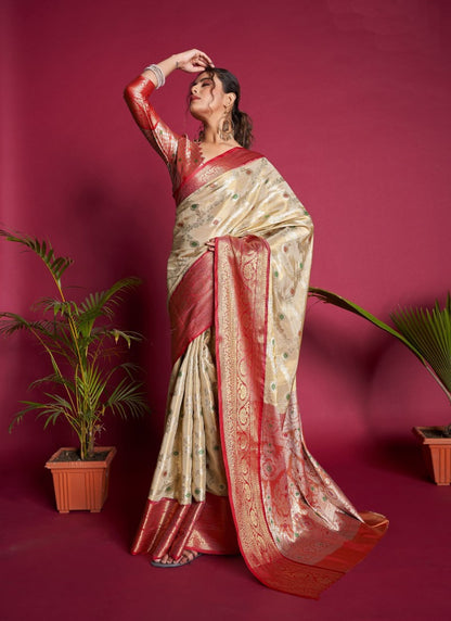 Beige Kanjivaram Silk Saree With Contrast Border-2