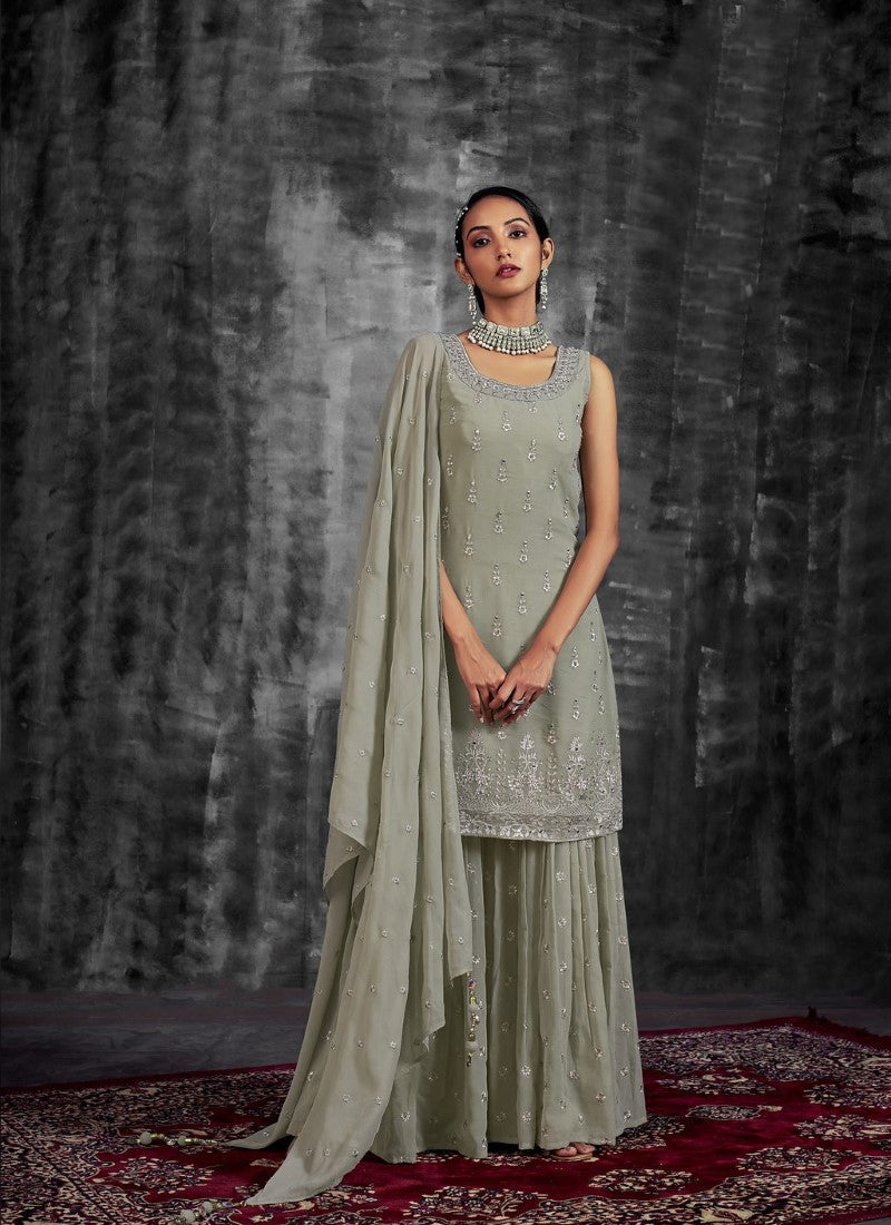 Olive Green Georgette Sharara Suit with Mirror, Zari and Thread Work-2