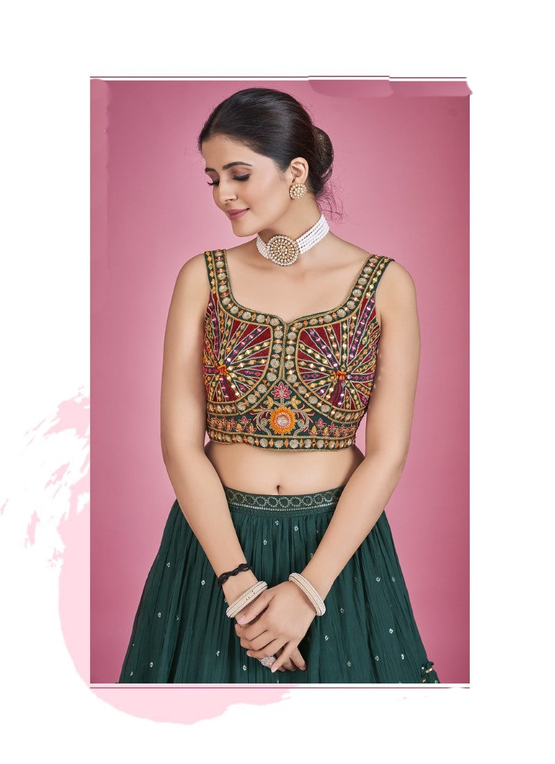 Green Georgette Ghagra Choli With Thread, Sequins and Mirror Work-2