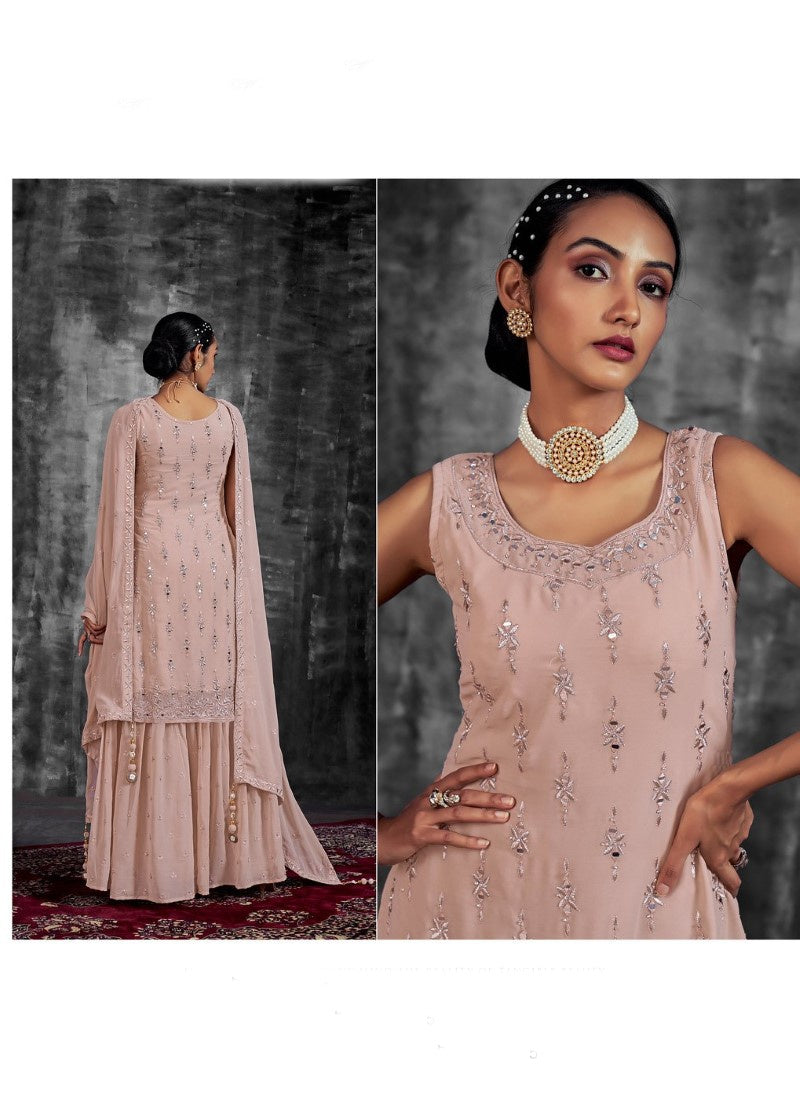 Peach Georgette Sharara Suit with Mirror, Zari and Thread Work-2