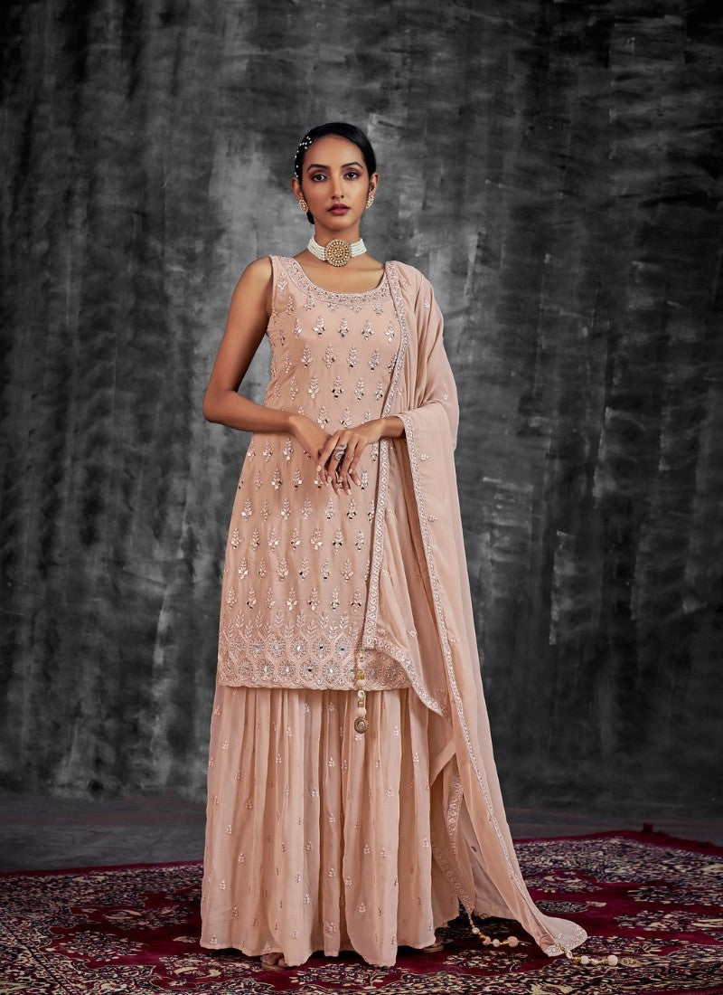 Peach Georgette Sharara Suit with Mirror, Zari and Thread Work-2