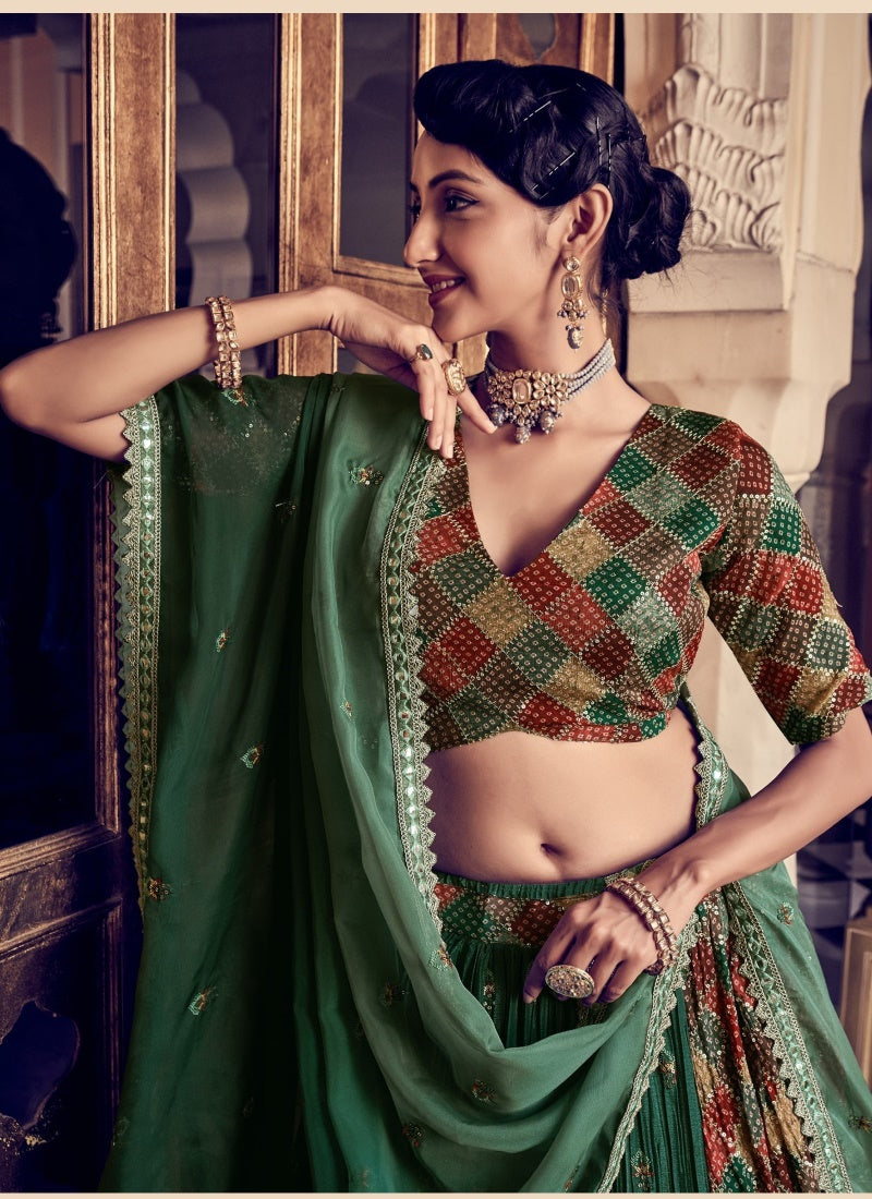 Green Silk Bandhani Style Lehenga Choli With Thread, Sequines and Zari Work-2