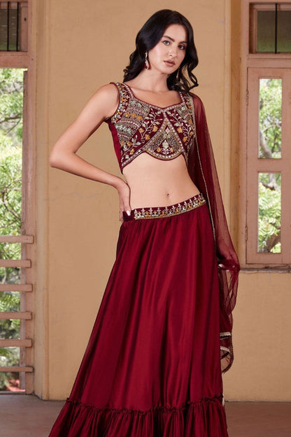 Maroon Georgette Indo Western Lehenga Choli