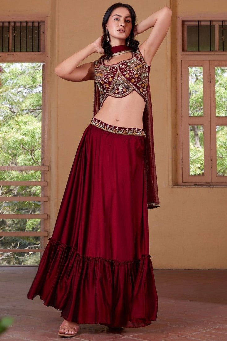 Maroon Georgette Indo Western Lehenga Choli