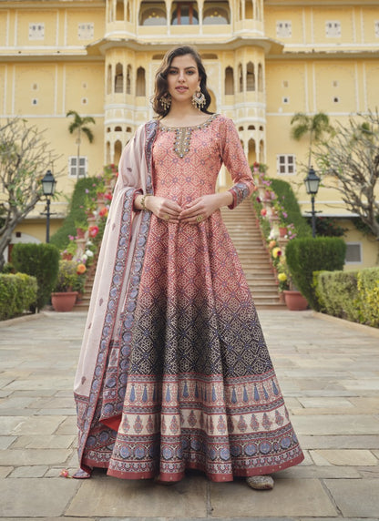 Peach Silk Patola Print Anarkali Dress