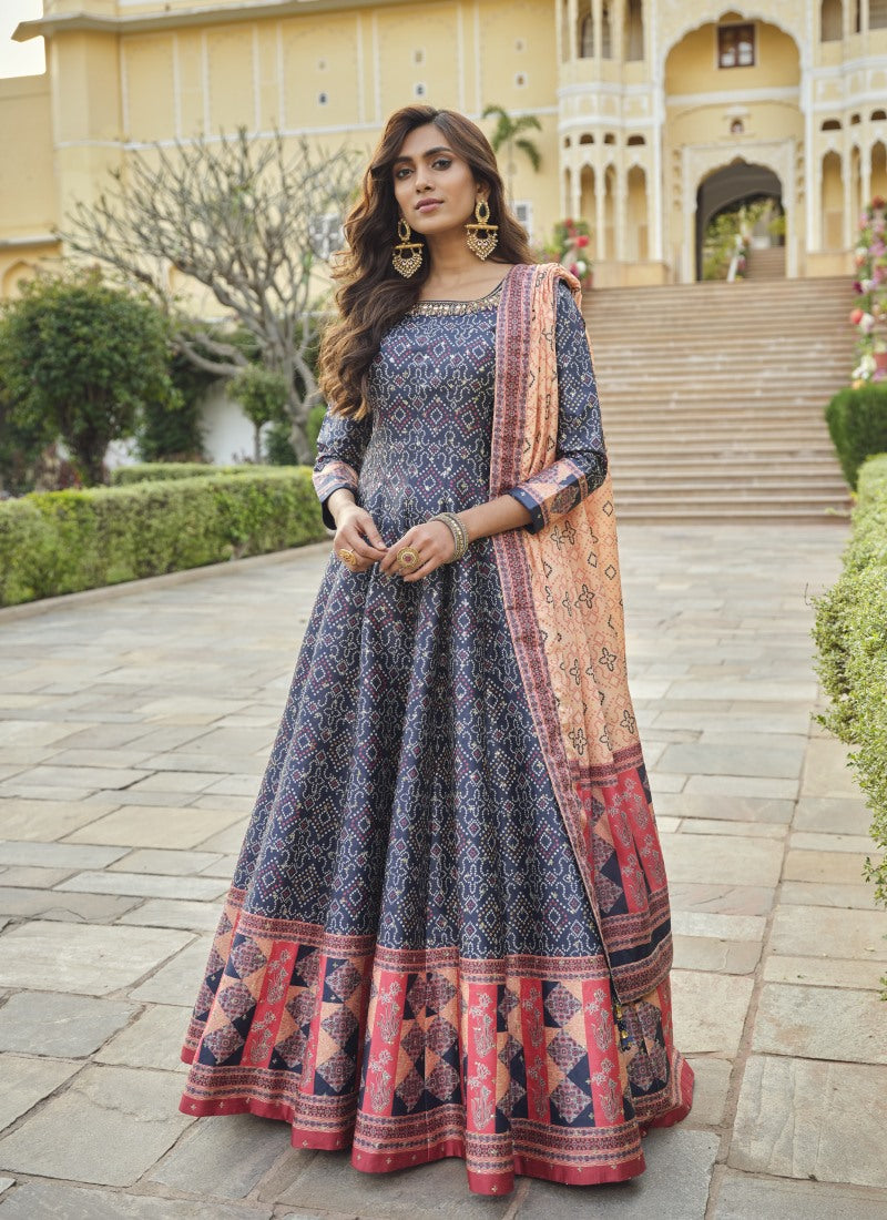 Blue Silk Patola Print Anarkali Dress