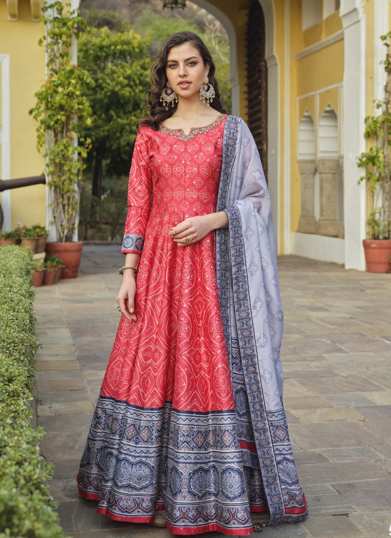 Red Silk Patola Print Anarkali Dress