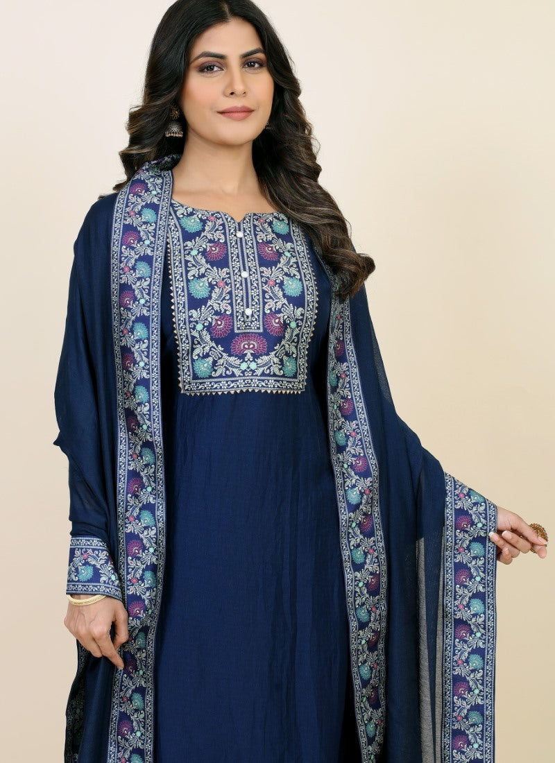 Blue Chinon Silk Embroidered Salwar Suit