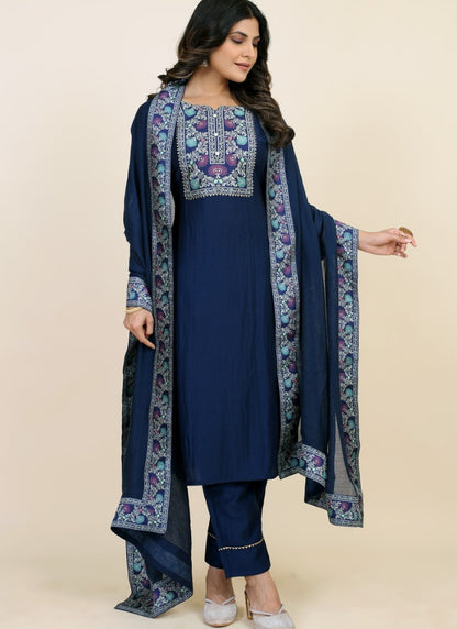 Blue Chinon Silk Embroidered Salwar Suit