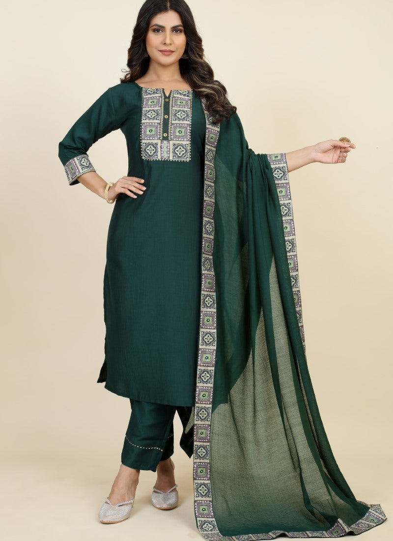 Green Chinon Silk Embroidered Salwar Suit