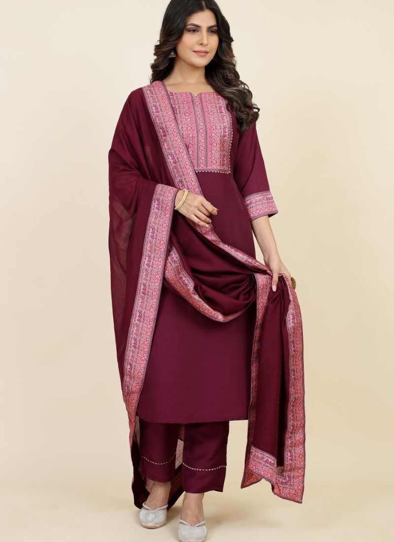 Maroon Chinon Silk Embroidered Salwar Suit