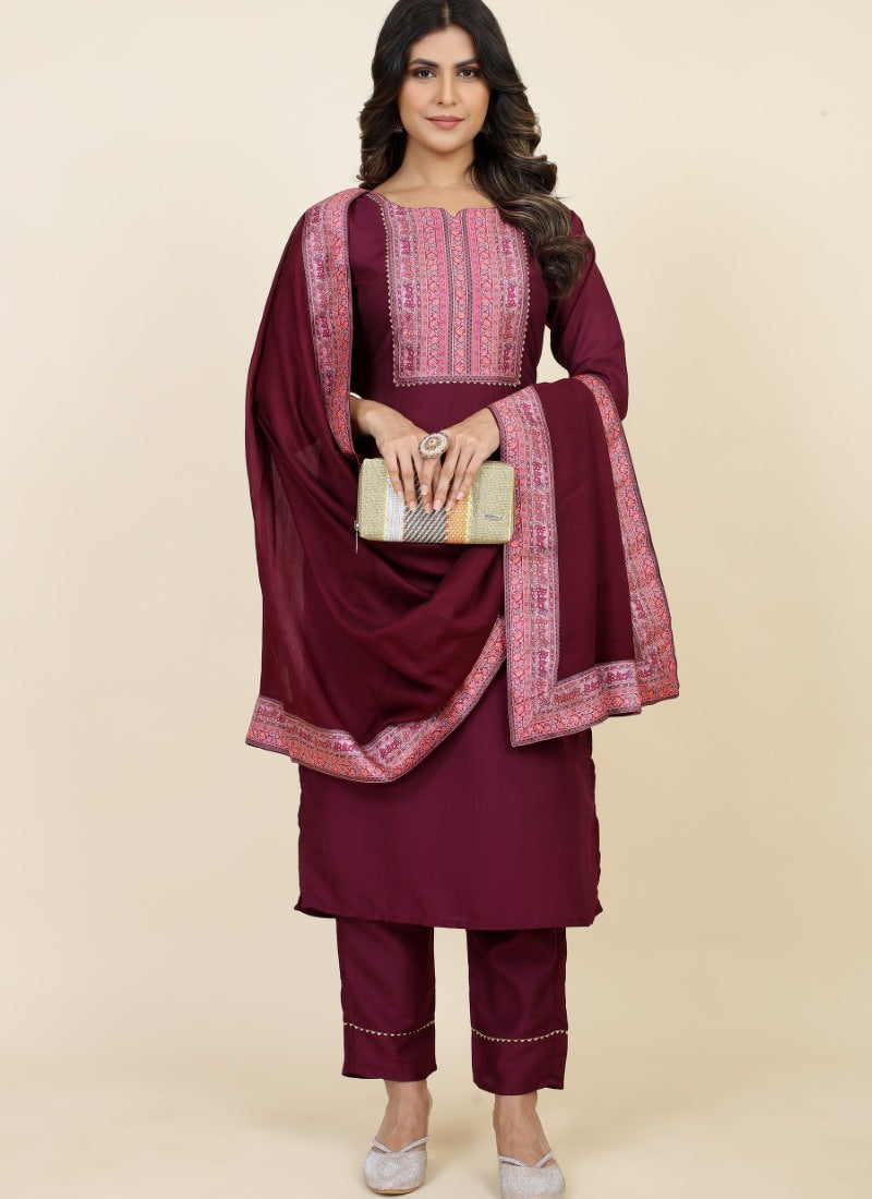 Maroon Chinon Silk Embroidered Salwar Suit