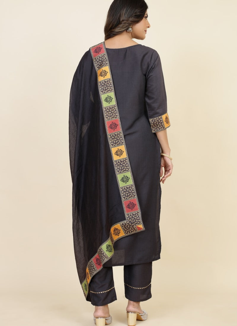 Black Yellow Chinon Silk Embroidered Salwar Suit