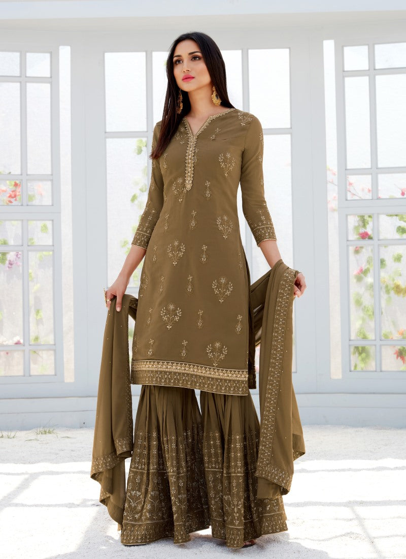 Brown Sharara Suit With Embroidery Work